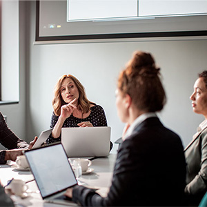 Meeting group, a few people on laptops discussing something